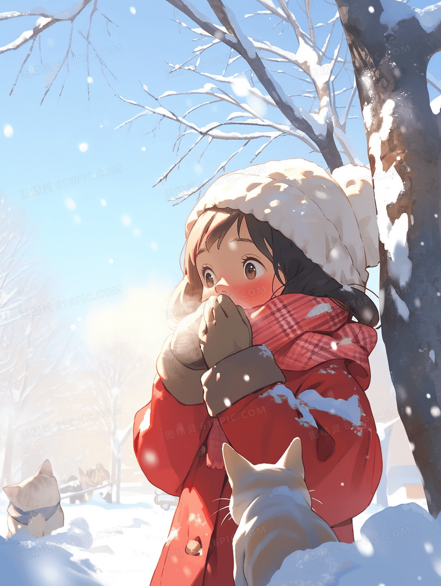 冬日里可爱的小女孩带宠物站在霜冻树下插画