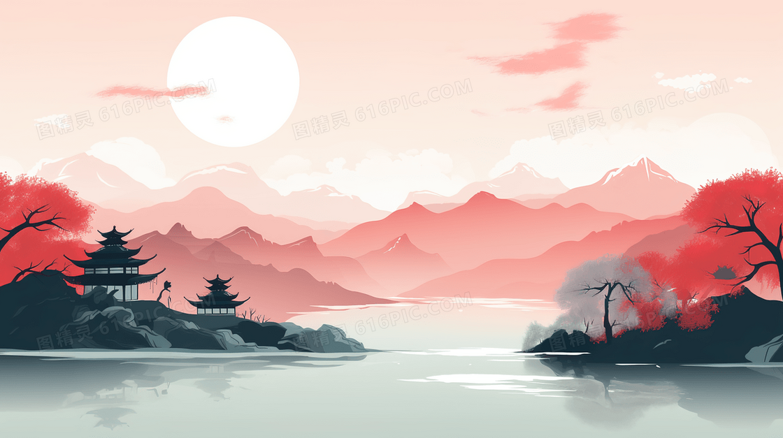 中国山水仙境水墨插画