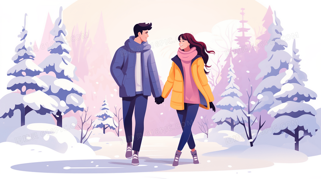 牵手在林中雪地里散步的情侣插画