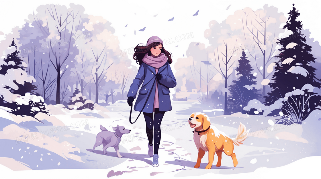 冬天带两只宠物狗在雪地散步的女孩插画