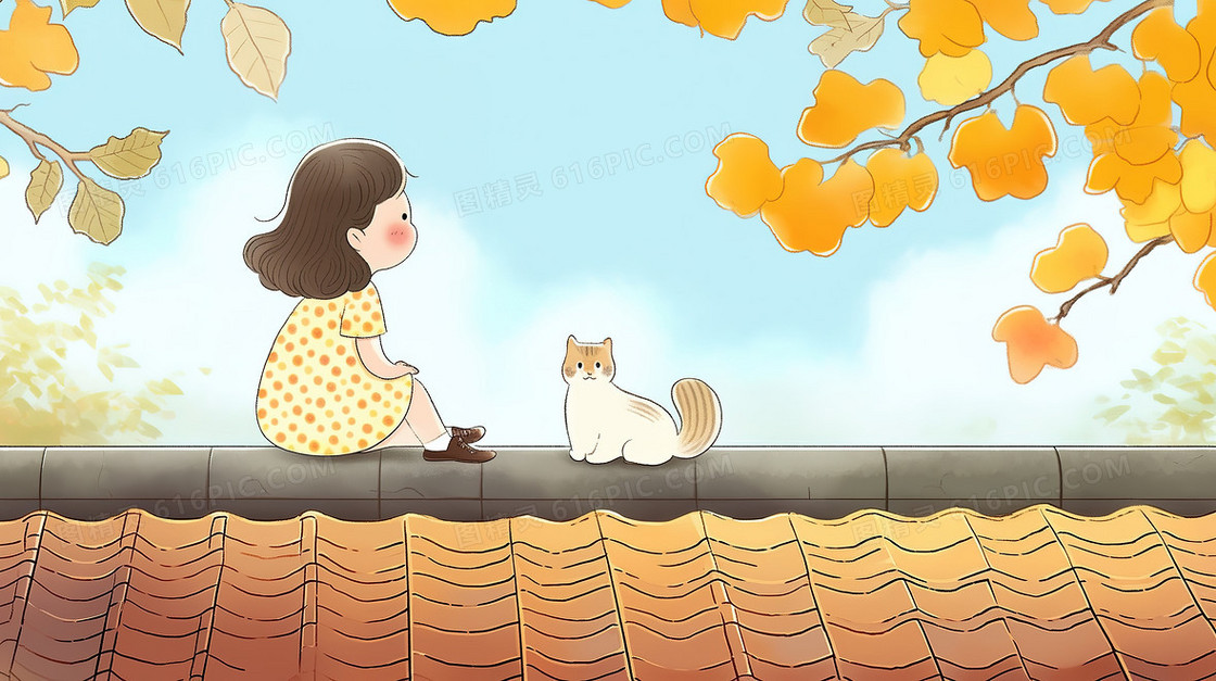 秋季 气屋顶上的小女孩与猫咪插画