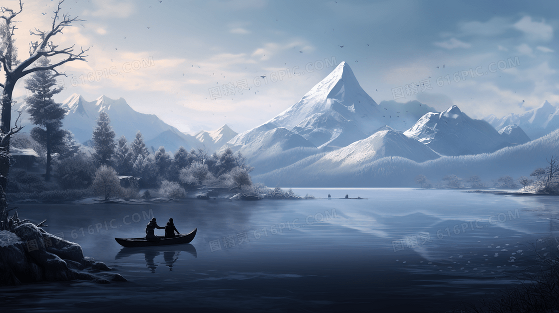 冬季雪天江上泛舟山水风景插画