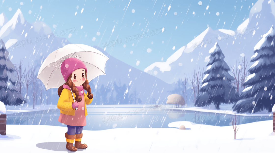 大雪天打着伞站在户外山林湖边的小女孩雪景插画