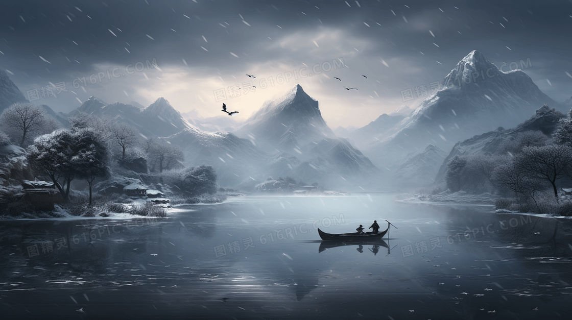 冬季雪天江上泛舟山水风景插画