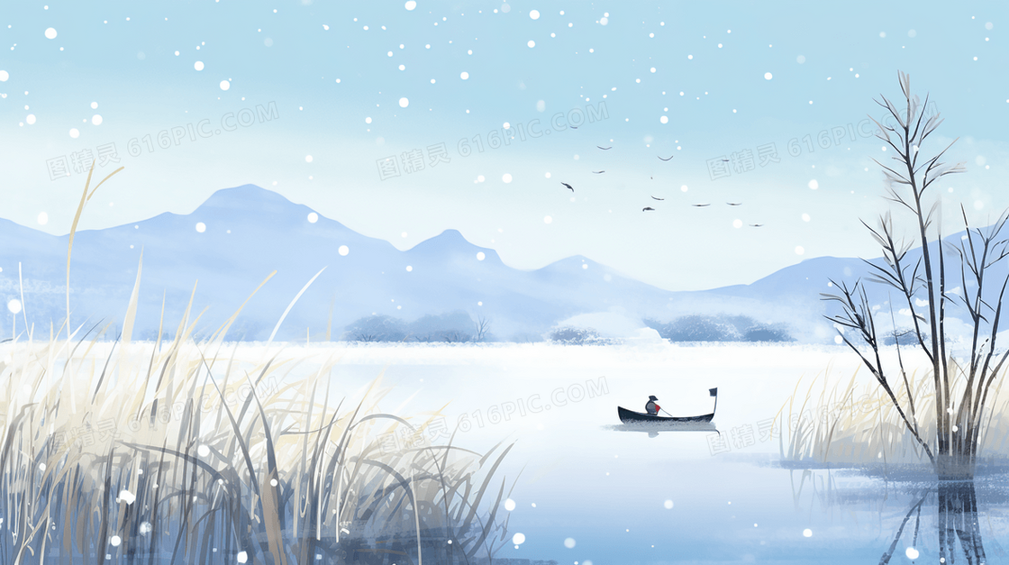 雪天江上泛舟山水风景插画