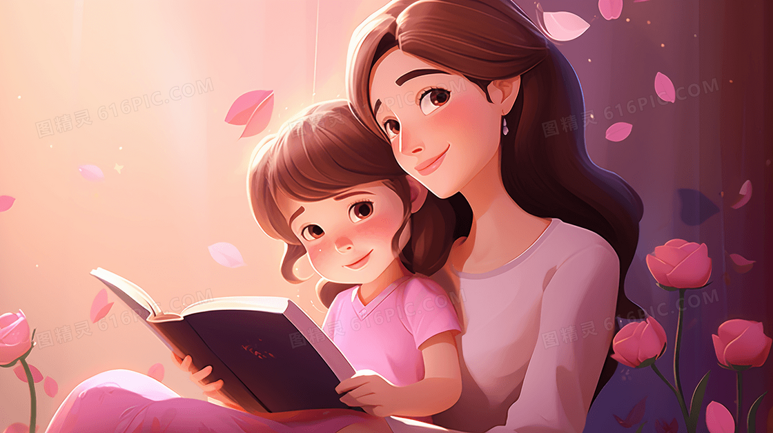 妈妈和女儿看书讲故事粉色温馨插画