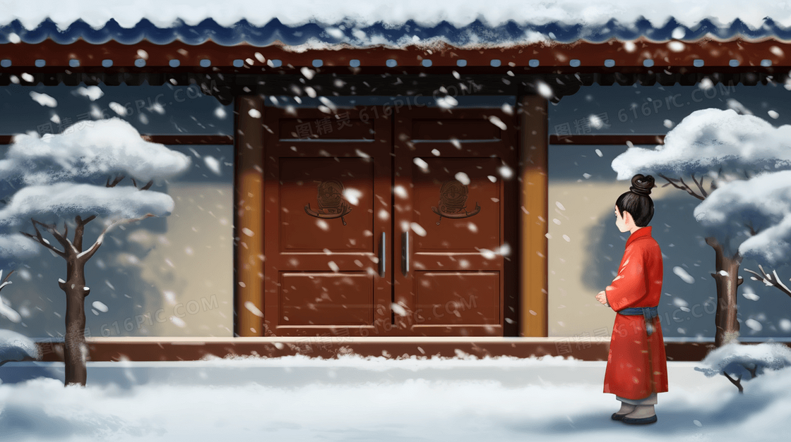 中国古代雪中男人站在大门外