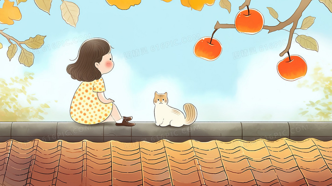 秋季屋顶上的小女孩与猫咪插画