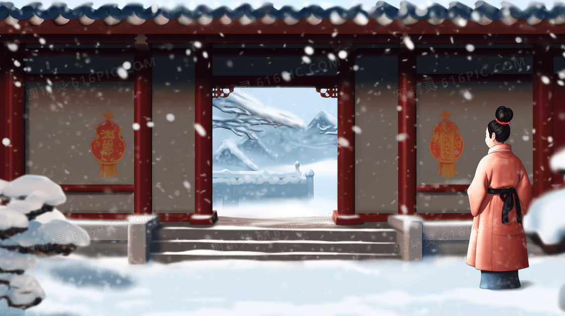 中国古代雪中男人站在大门外