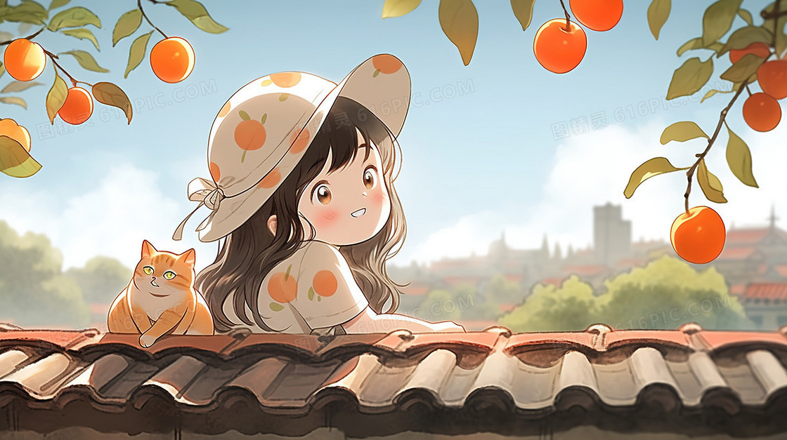 秋季屋顶上的小女孩与猫咪插画