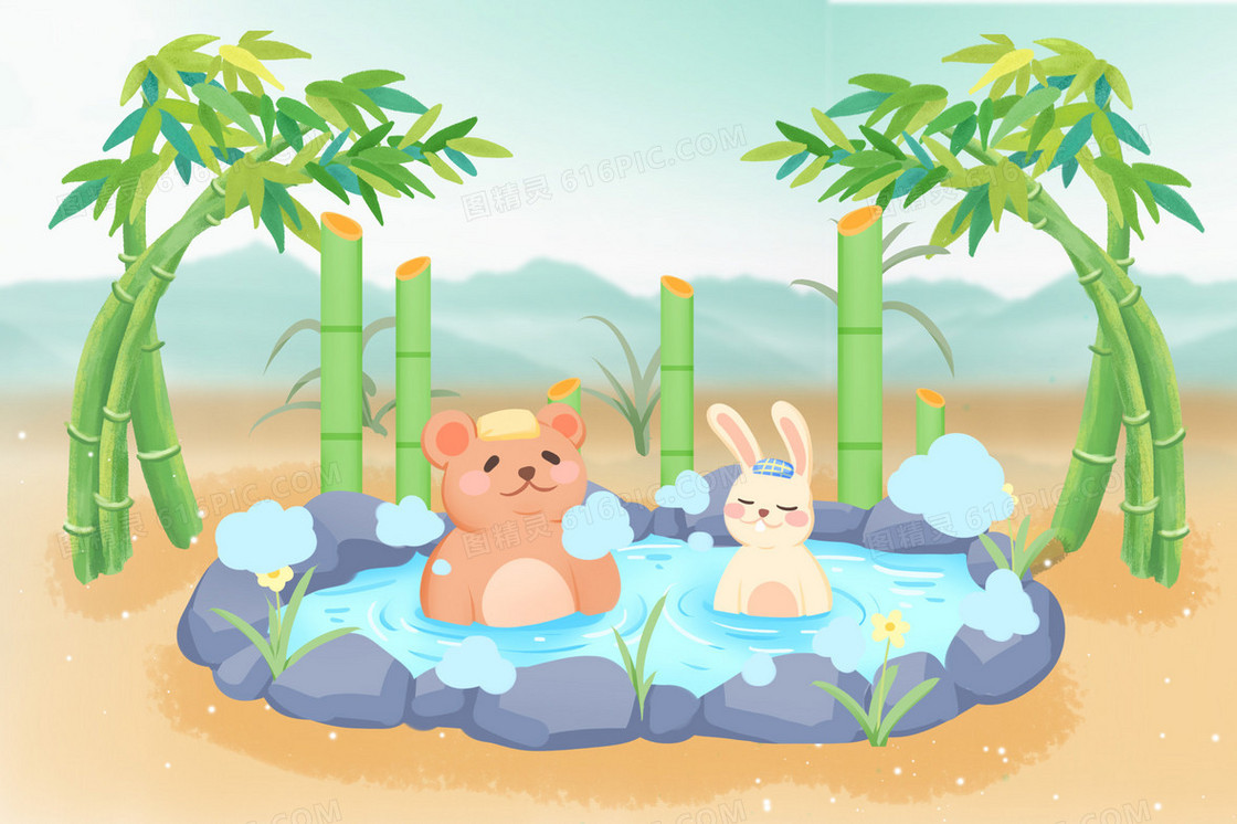 竹林里小动物舒服的泡温泉插画