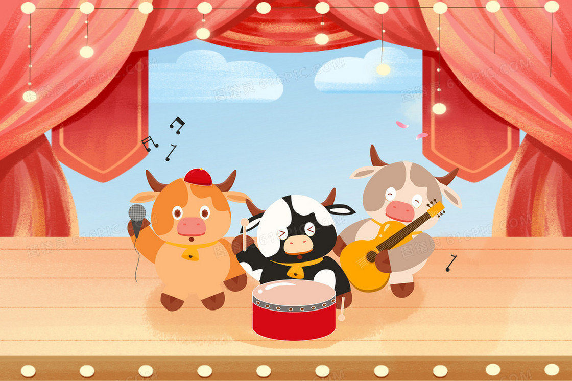 小动物在舞台乐队表演插画