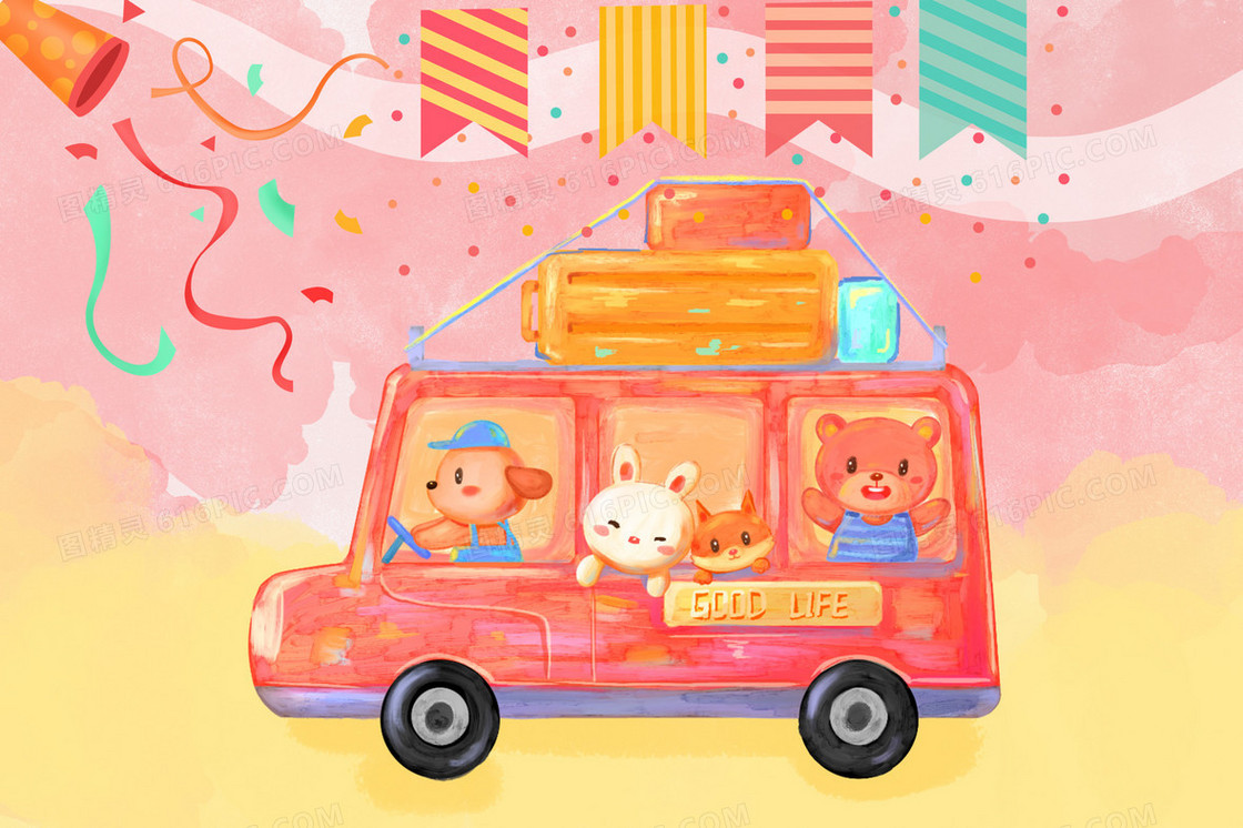 动物乘车旅行自驾游创意插画