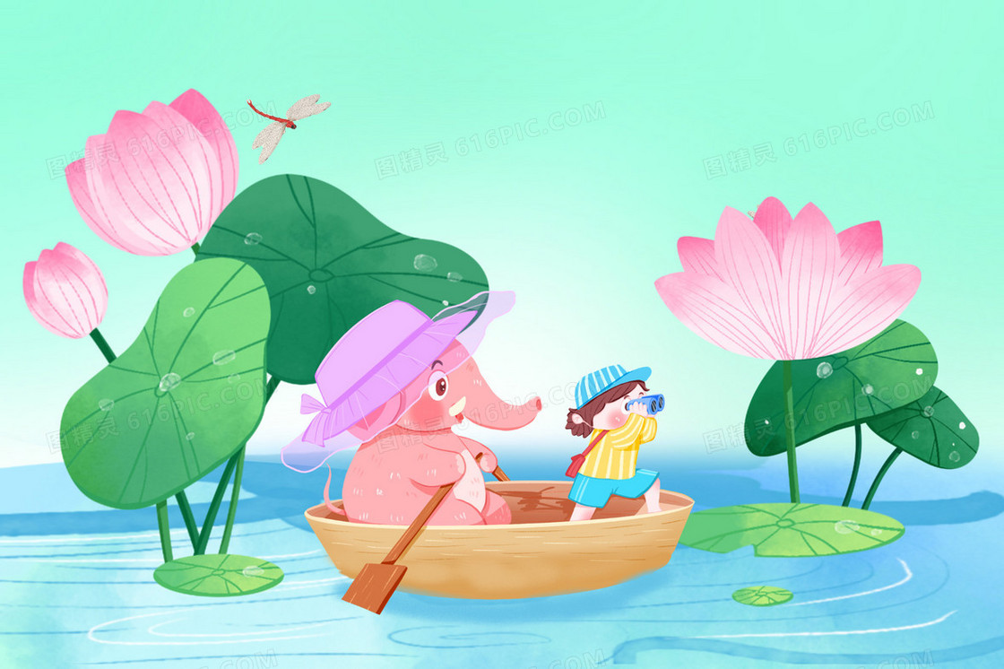 夏天动物河女孩在荷塘里游船插画