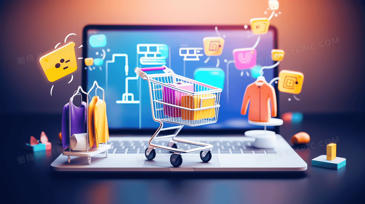 笔记本线上网络购物丰富商品插画背景图片