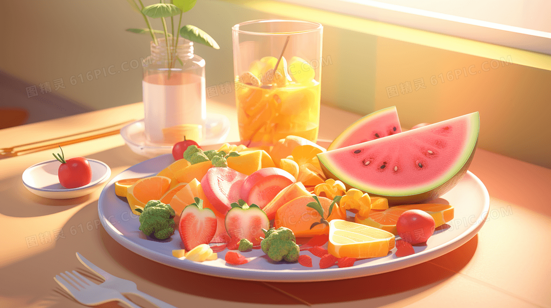 桌面精致摆盘的健康水果蔬菜食物插画