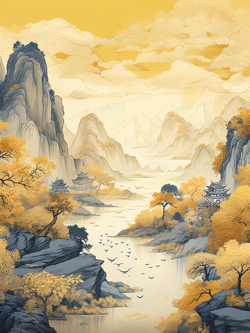 中国风秋天树木山水风景水墨插画