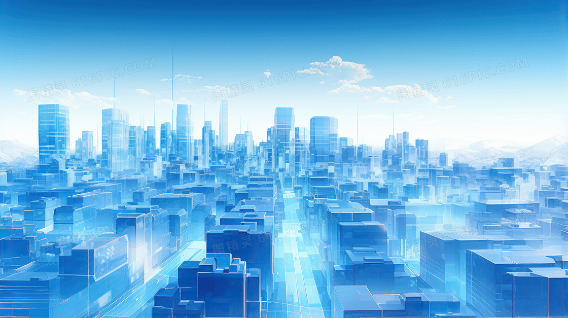 蓝色商务科技风格未来城市科幻插画