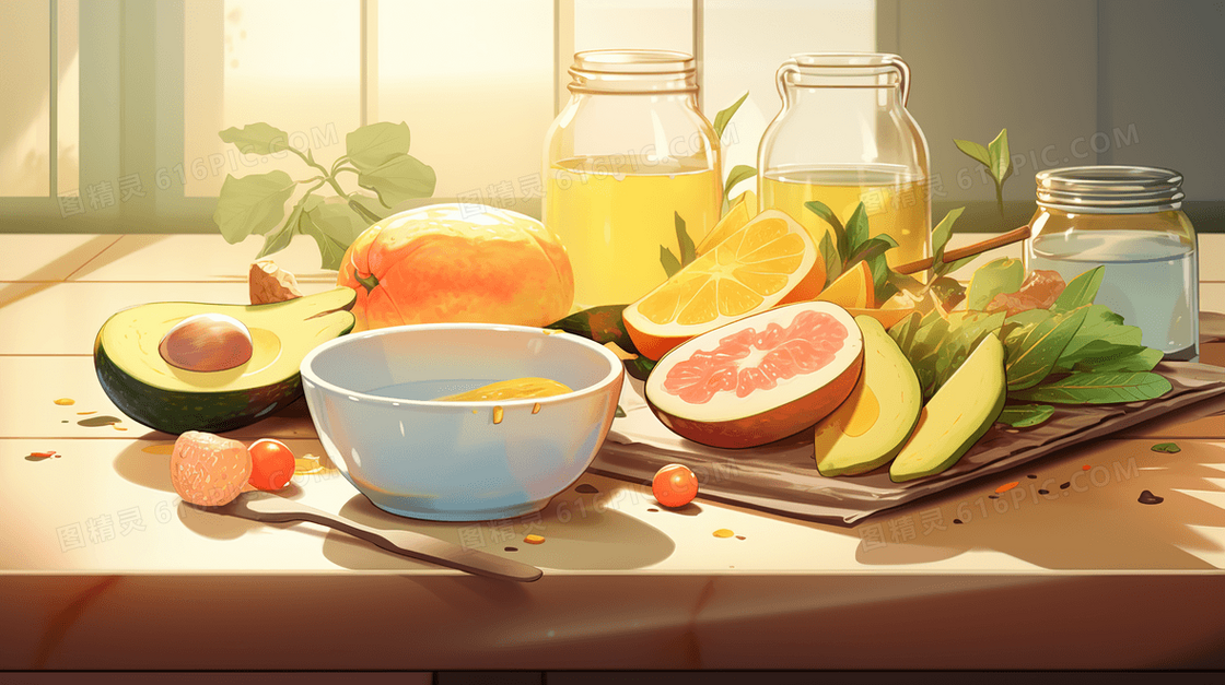 桌面精致摆盘的健康水果蔬菜食物插画