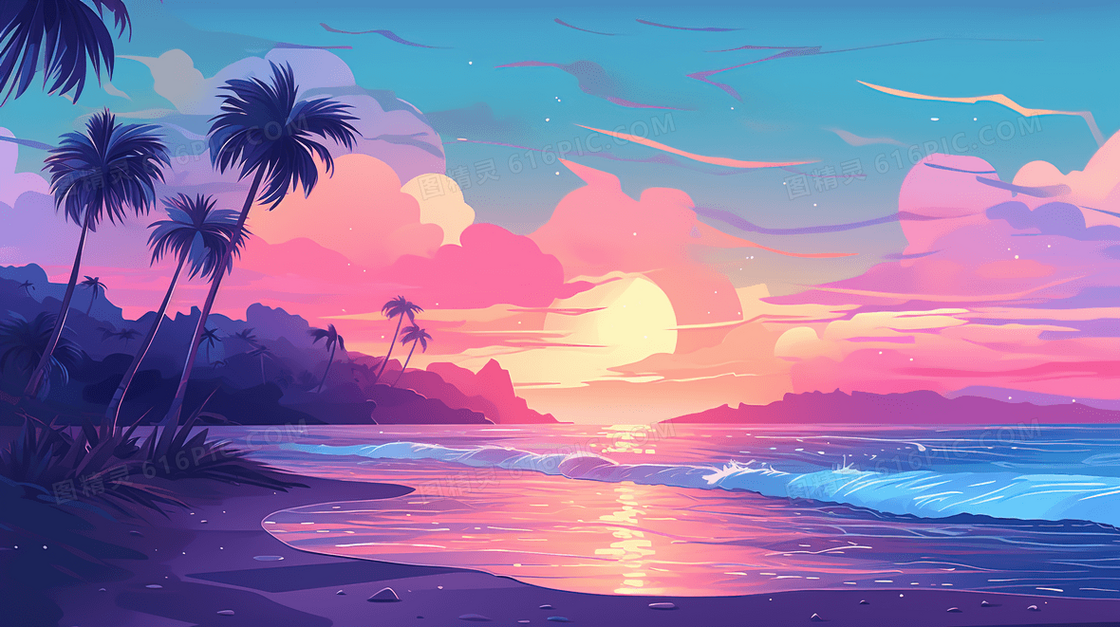 海滩椰林树影夕阳晚霞插画