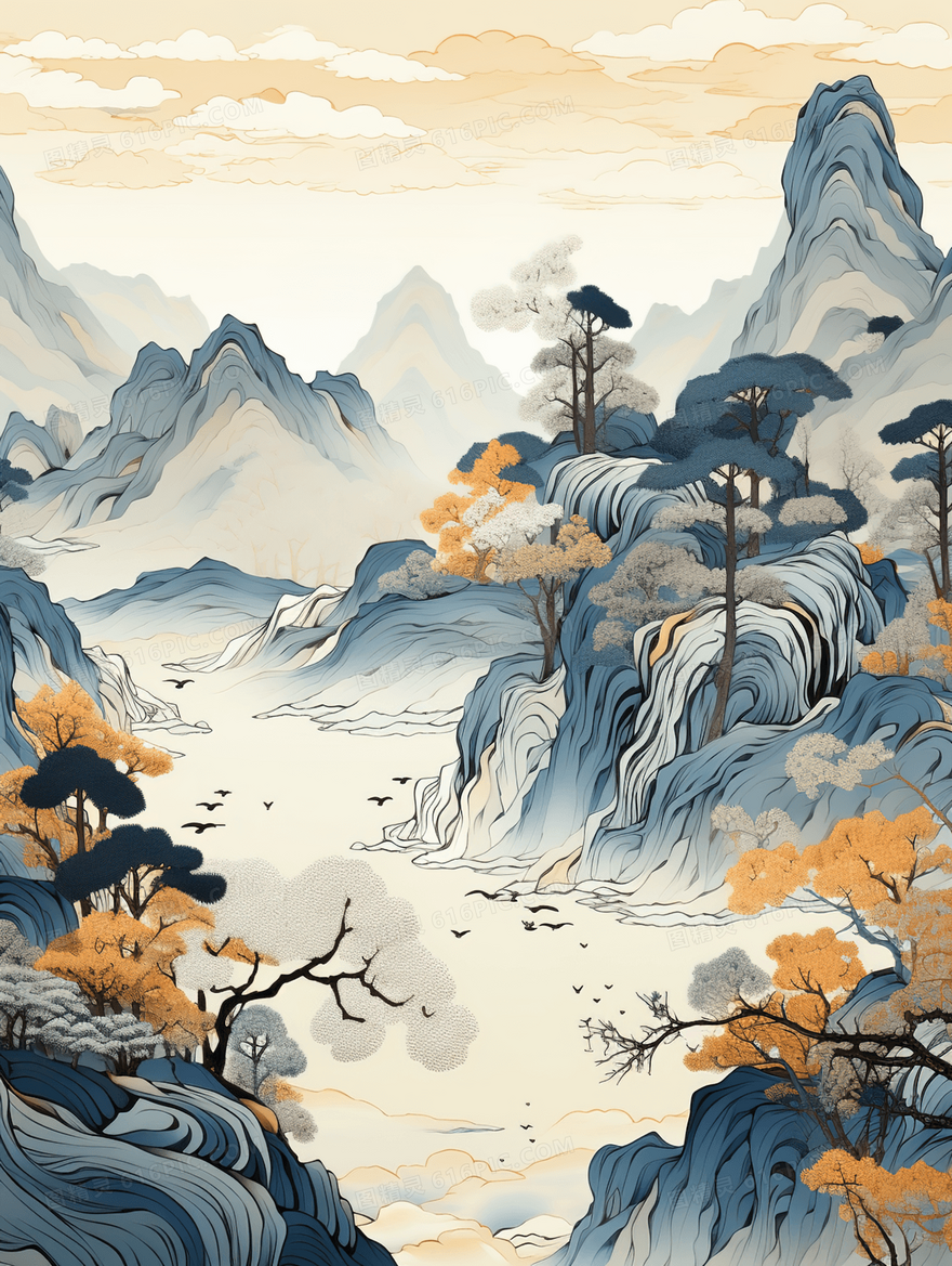 中国风秋天树木山水风景水墨插画