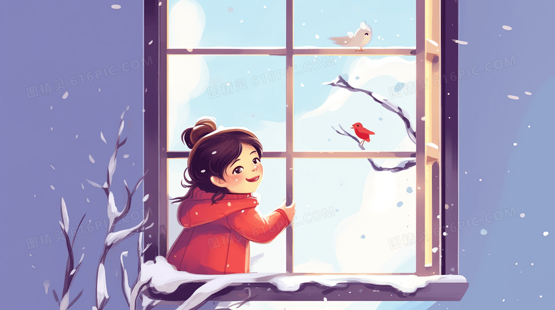 冬日落雪的窗台树枝边的女孩插画