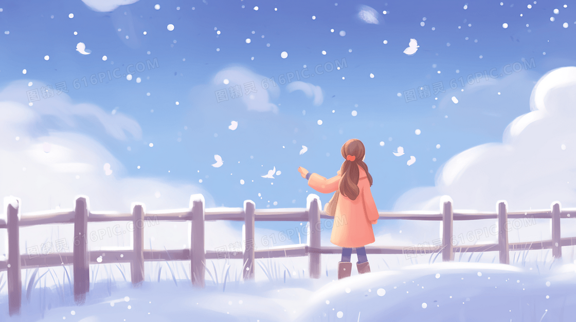 雪山上木栅栏旁看雪景的少女插画