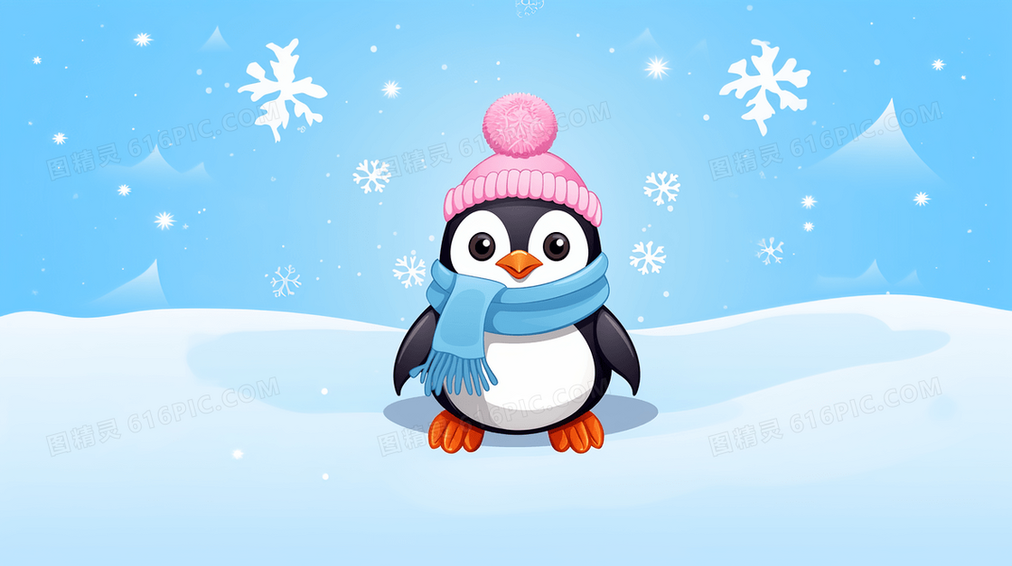 冬日里的戴针织帽的Q版企鹅插画