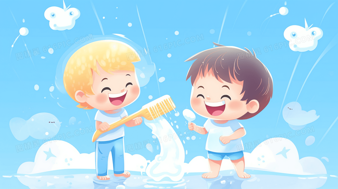 蓝色卡通小孩刷牙玩耍场景创意插画
