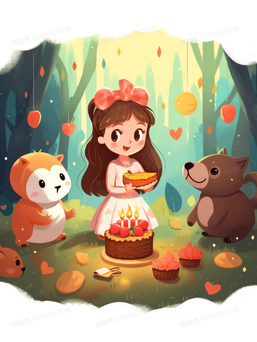 森林里小女孩和动物一起吃生日蛋糕插画