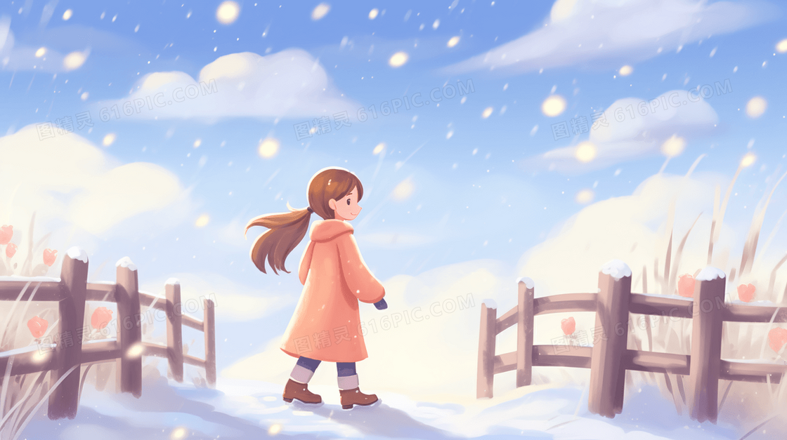 雪山上木栅栏旁看雪景的少女插画