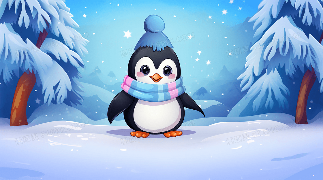冬日里的戴针织帽的Q版企鹅插画