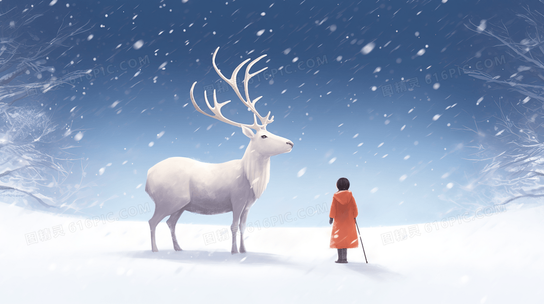 白色驯鹿跟小女孩在雪中玩耍插画