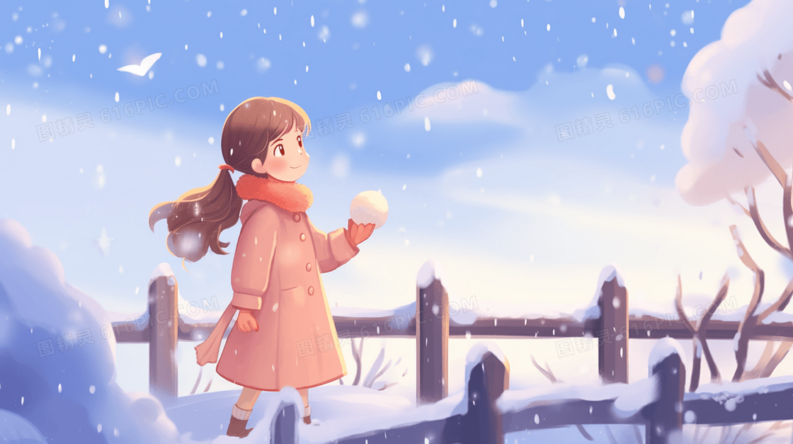 雪山上木栅栏旁看雪景的少女插画