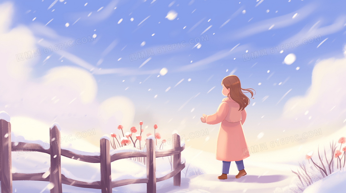 雪山上木栅栏旁看雪景的少女插画