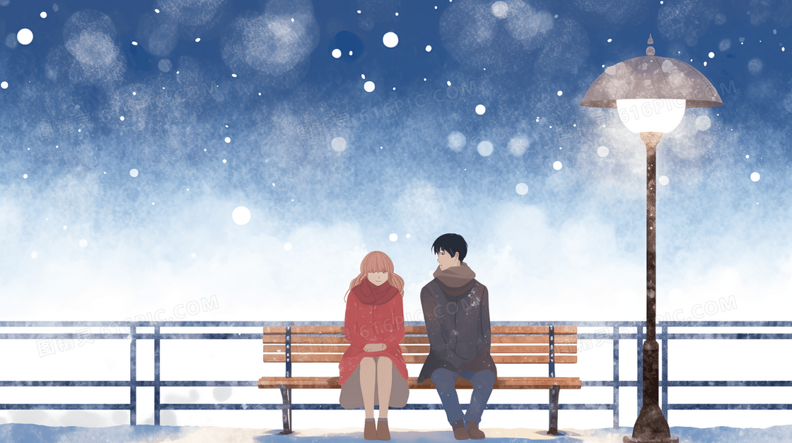 冬天夜晚坐在路灯下长椅的情侣插画