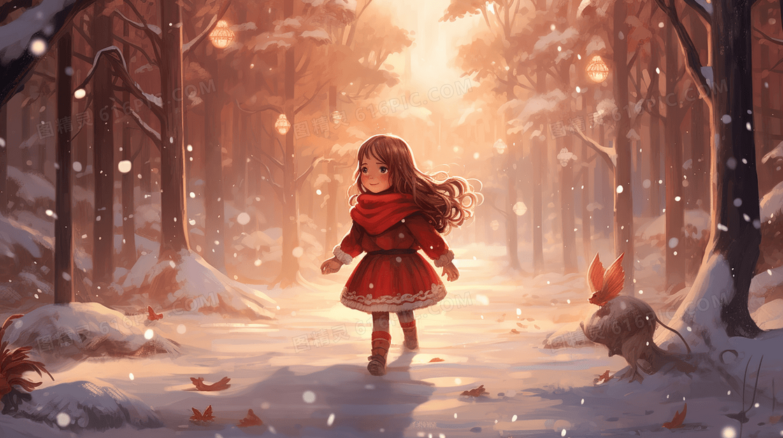 冬季黄昏天空渐暗穿过森林的女孩插画