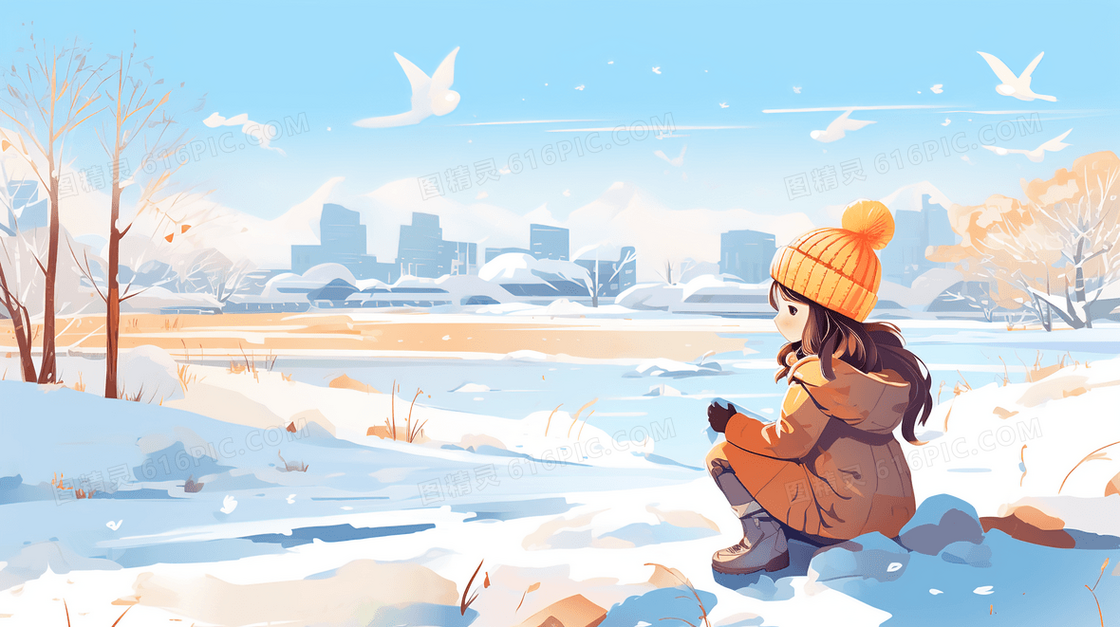 雪山里欣赏雪景的少女插画