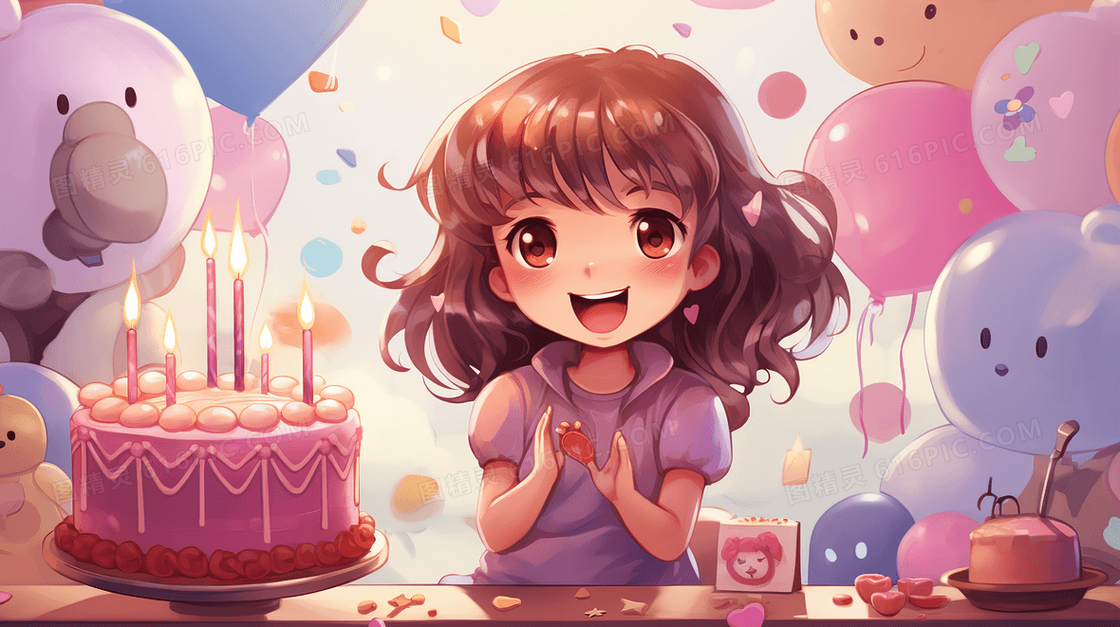 可爱动漫小女孩在生日蛋糕前许愿插画