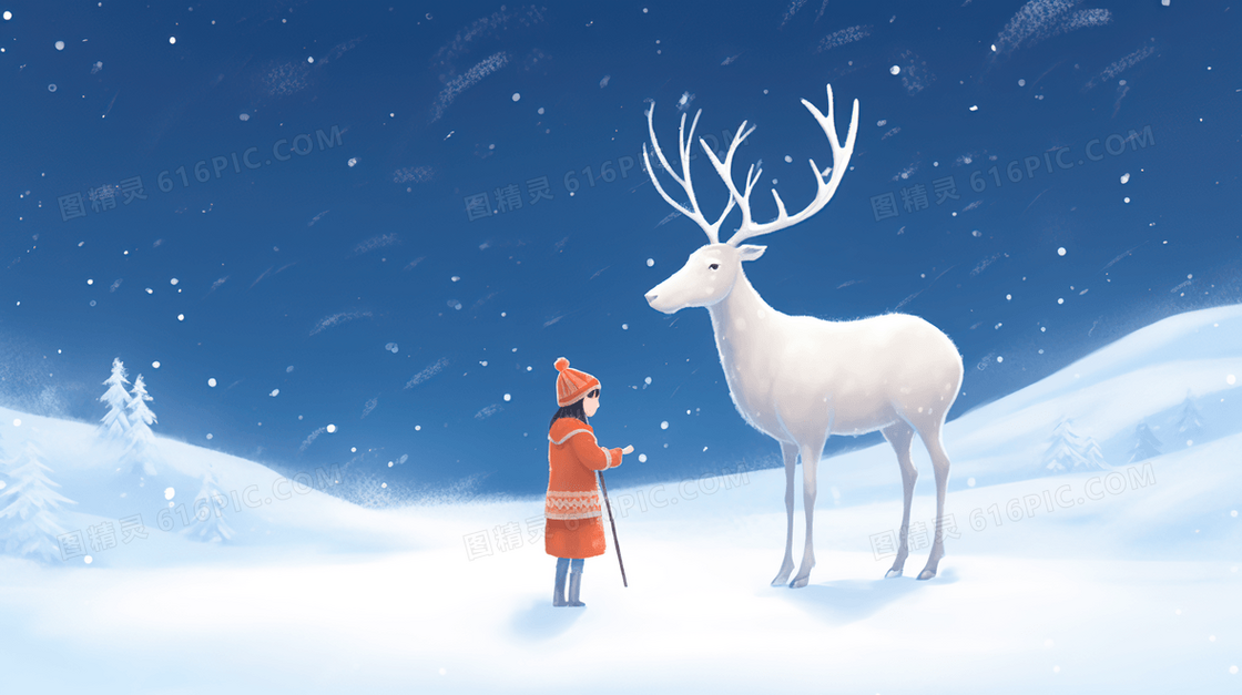 白色驯鹿跟小女孩在雪中玩耍插画