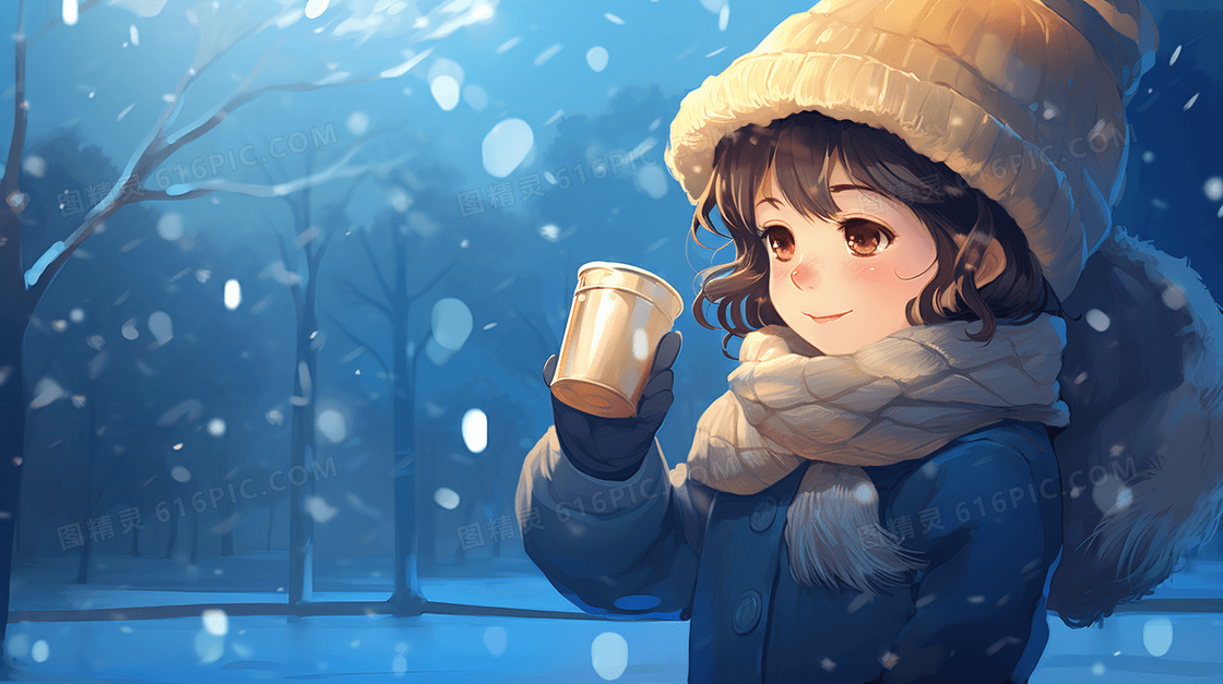 卡通少女在雨雪中喝热饮插画