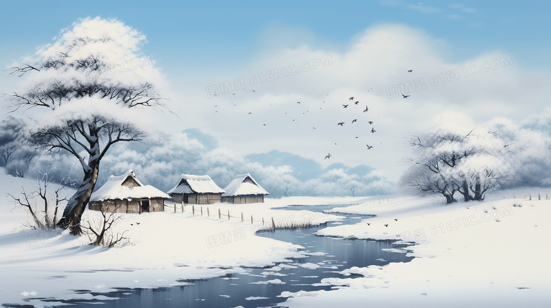 冬季山水小屋仙境雪景插画