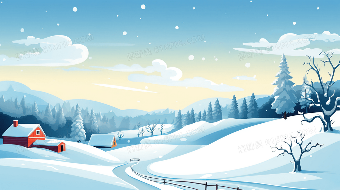 冬季雪山森林木屋插画