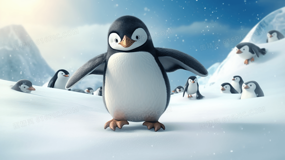 冰雪上玩耍的小企鹅插画