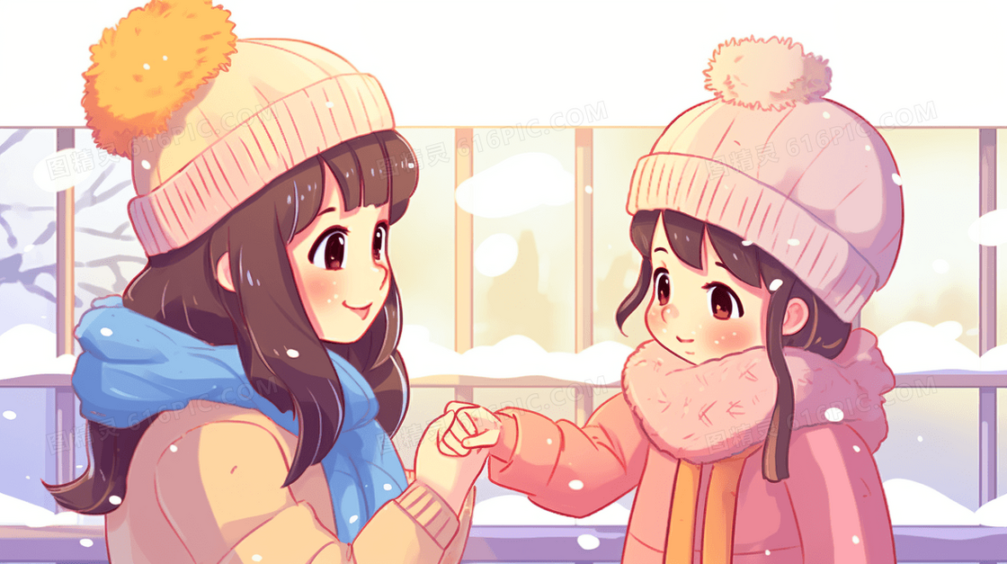 冬天妈妈带孩子在雪地里玩耍插画