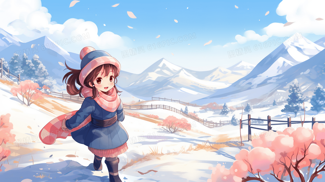 雪山里欣赏雪景的少女插画