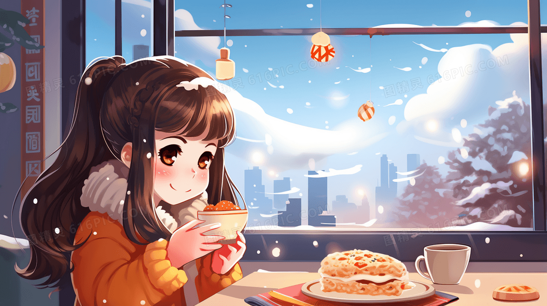 冬天女孩在室内饮食保暖插画