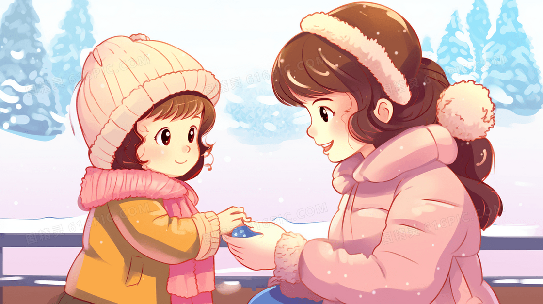 冬天妈妈带孩子在雪地里玩耍插画