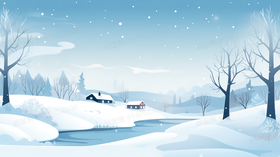 冬季雪山森林木屋插画