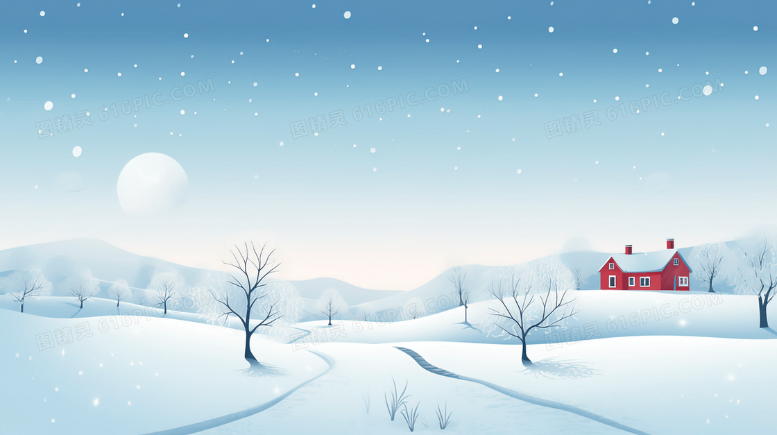 冬季雪山森林木屋插画
